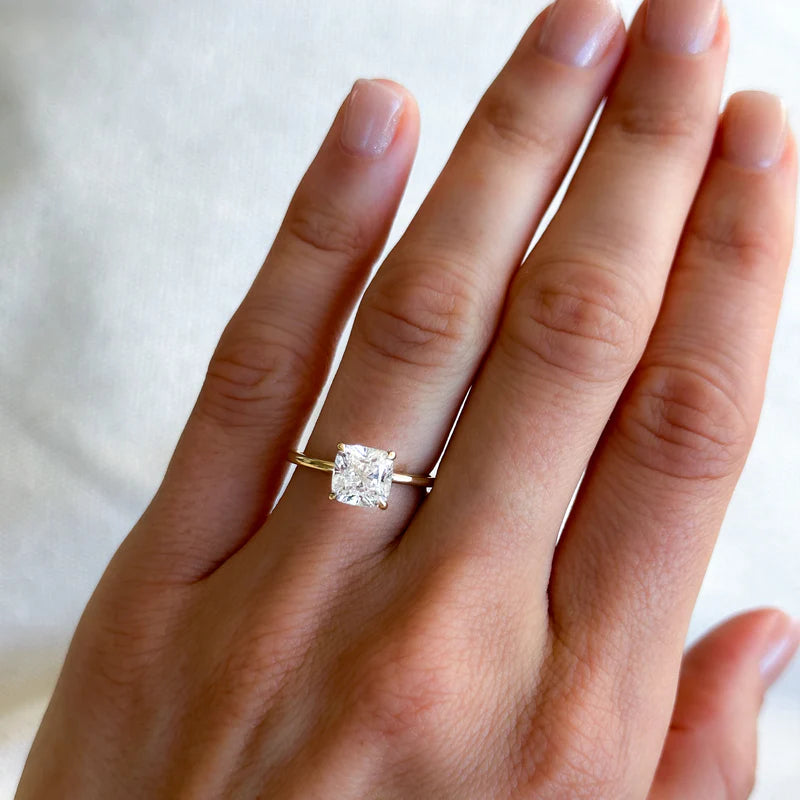 Thin + Simple Solitaire Engagement Ring With Cushion Cut Diamond