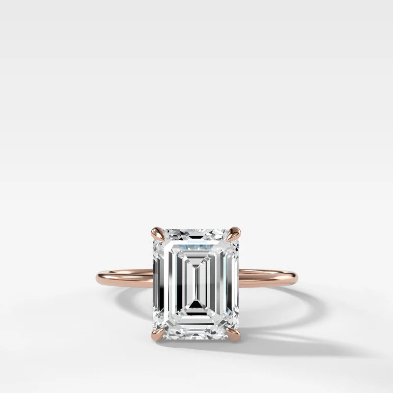 Thin + Simple Solitaire Engagement Ring With North South Emerald Cut Diamond