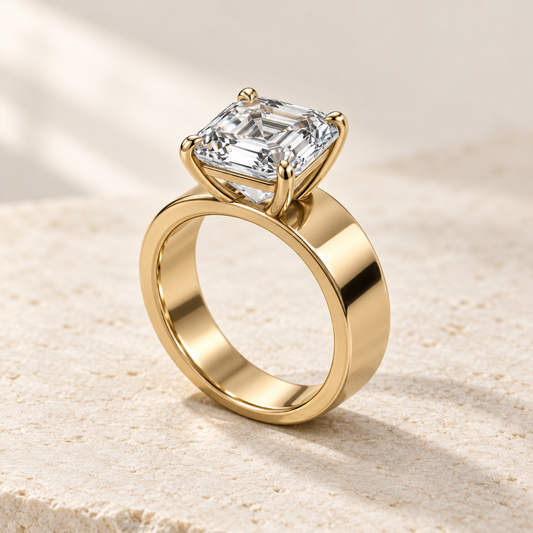 Forma Asscher Cigar-Band Ring in yellow gold, three-quarter view — AI design preview