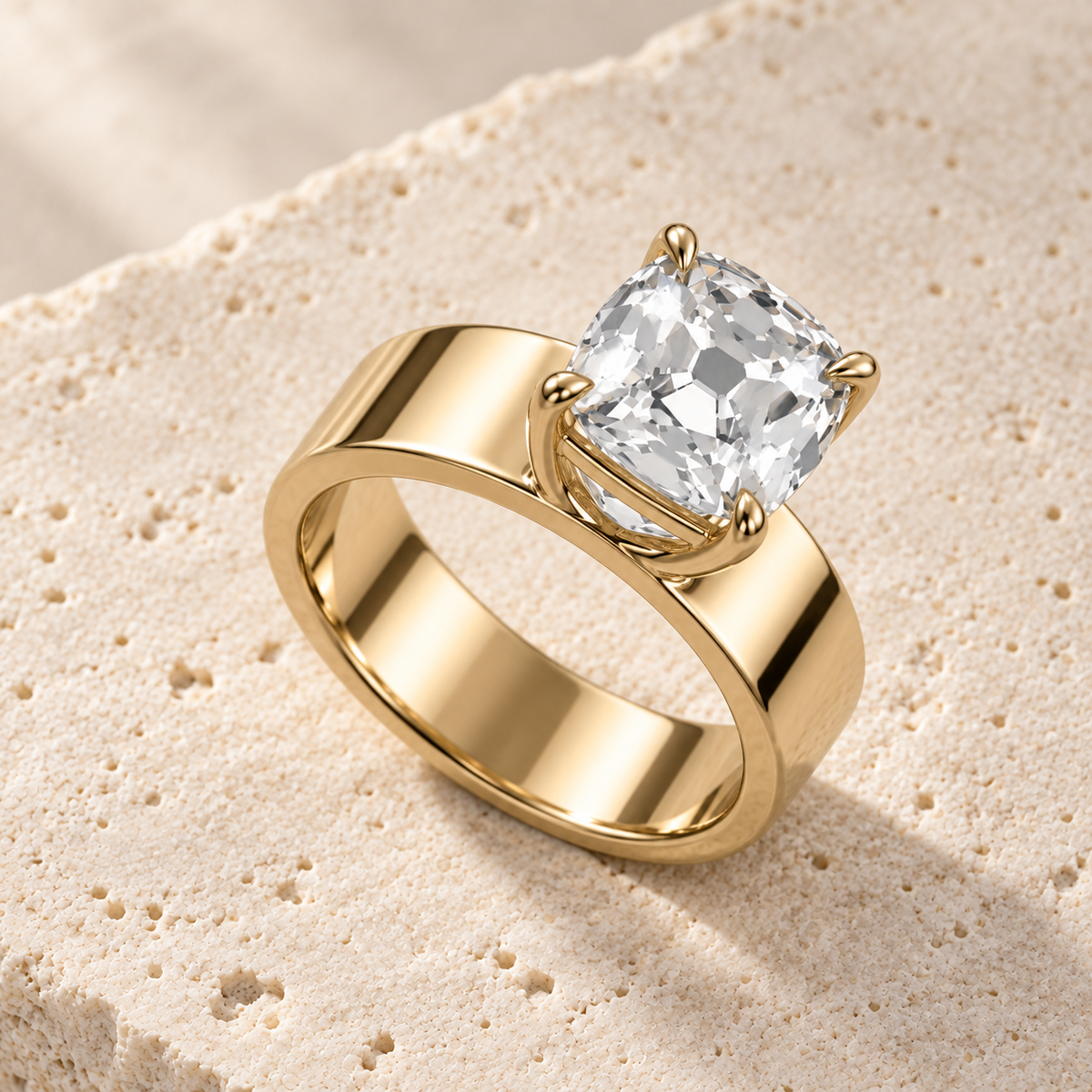 Forma Old Mine Cigar-Band Ring in yellow gold, elevated opposite oblique view — AI design preview