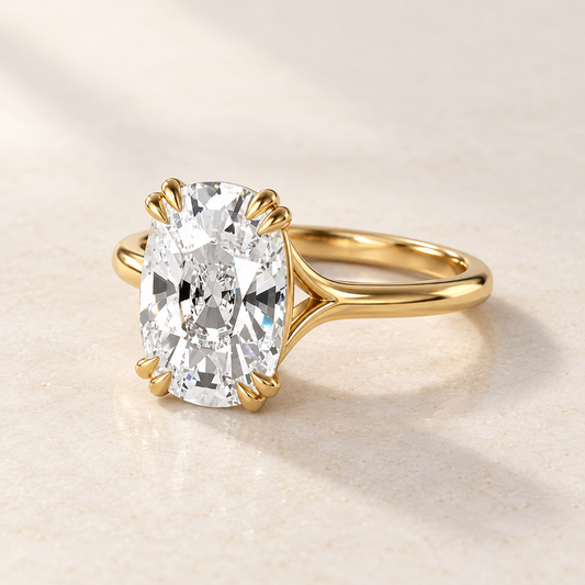 AI product preview of Altara Elongated Cushion Cathedral Ring in yellow gold, three-quarter view