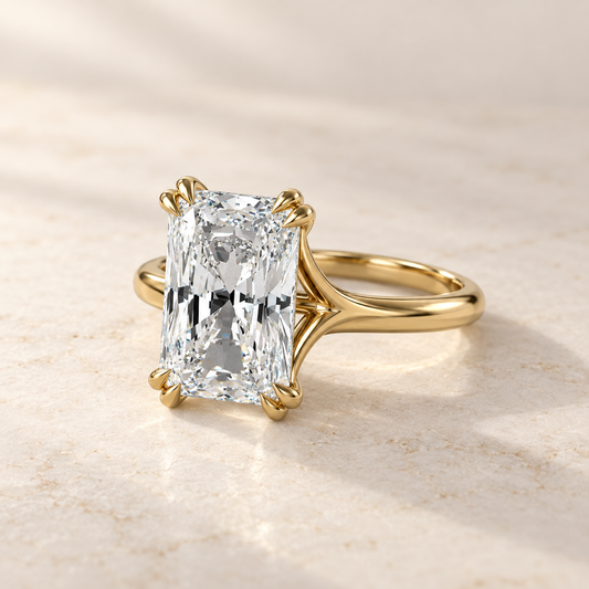 AI product preview of Altara Elongated Radiant Cathedral Ring in yellow gold, three-quarter view