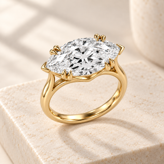 Altara East-West Marquise Cathedral Ring in yellow gold on cream stone, three quarter view