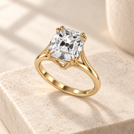 Altara Old Mine Cathedral Ring in yellow gold on cream stone, three quarter view