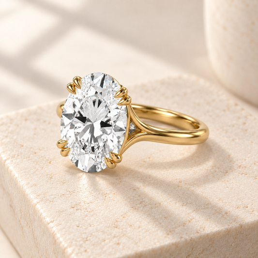 Altara Oval Cathedral Ring in yellow gold on cream stone, three quarter view