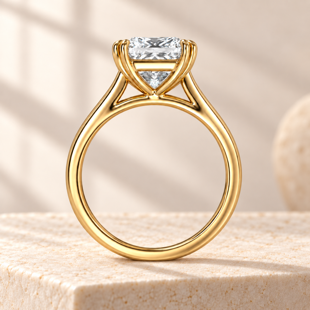 Altara Princess Cathedral Ring in yellow gold on cream stone, side view