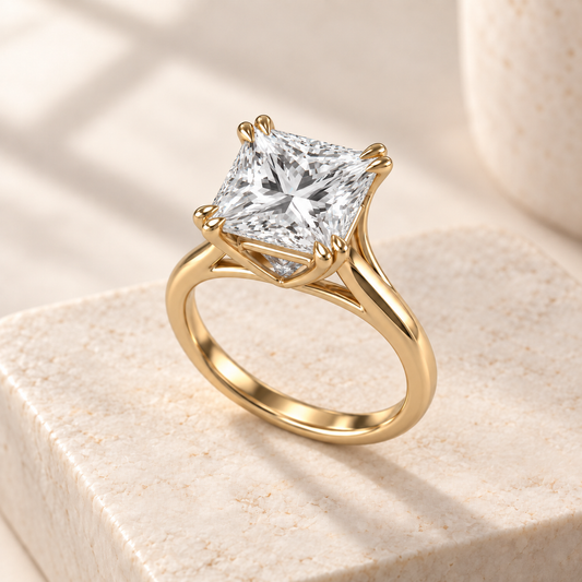 Altara Princess Cathedral Ring in yellow gold on cream stone, three quarter view