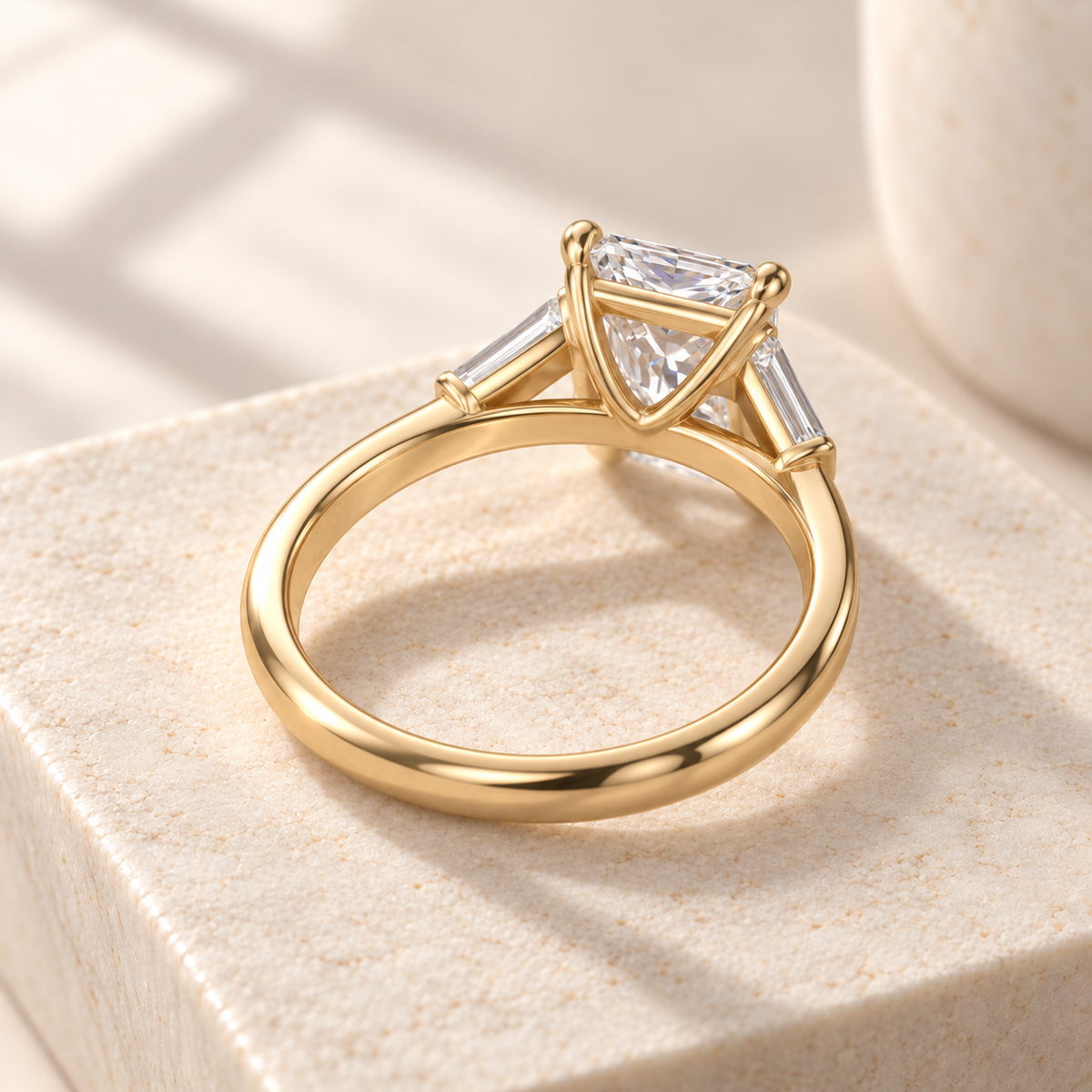 Aster princess-cut lab-grown diamond ring with tapered baguette sides in yellow gold, rear design preview