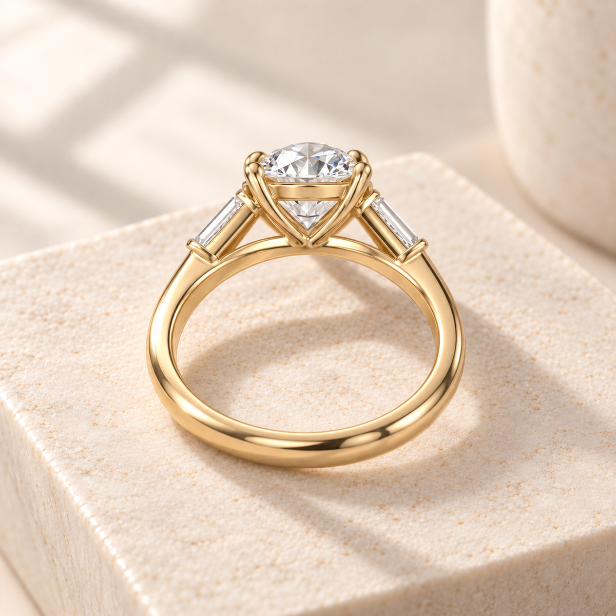 Aster round lab-grown diamond ring with tapered baguette sides in yellow gold, rear design preview