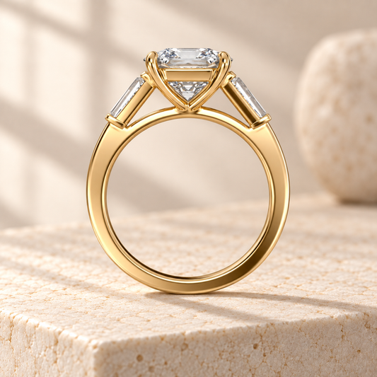 Aster square radiant-cut lab-grown diamond ring with tapered baguette side diamonds in yellow gold, side design preview