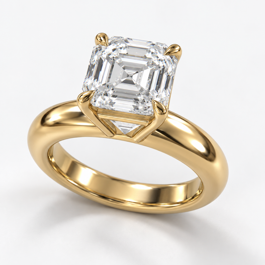 Solara Asscher Domed Solitaire Ring in yellow gold, three-quarter front view — AI design preview