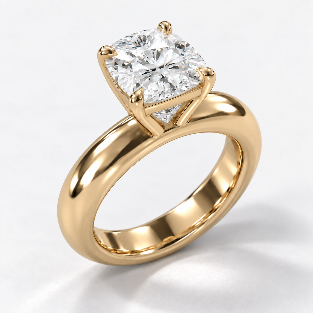 Solara Cushion Domed Solitaire Ring in yellow gold, elevated side-oblique view — AI design preview