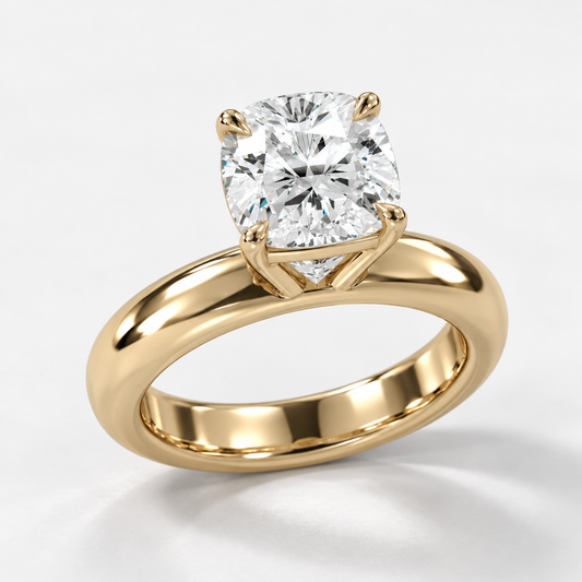 Solara Cushion Domed Solitaire Ring in yellow gold, three-quarter front view — AI design preview