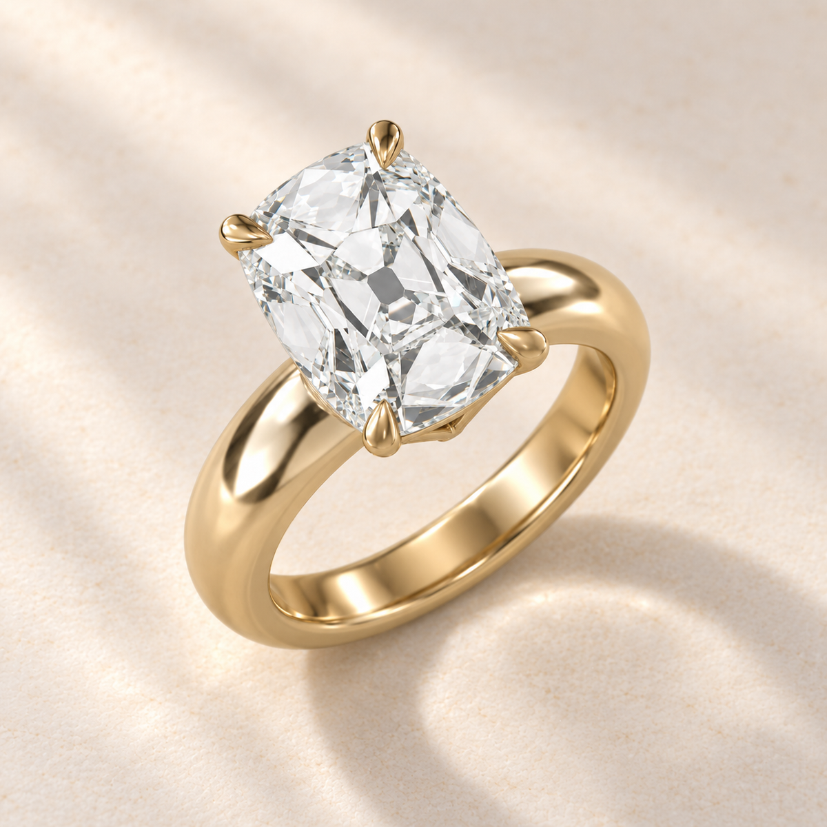 Solara Old Mine Domed Solitaire Ring in yellow gold, high oblique view