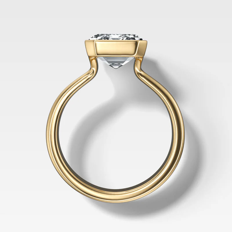 Double Row Half Bezel Solitaire Engagement Ring With Emerald Cut Diamond