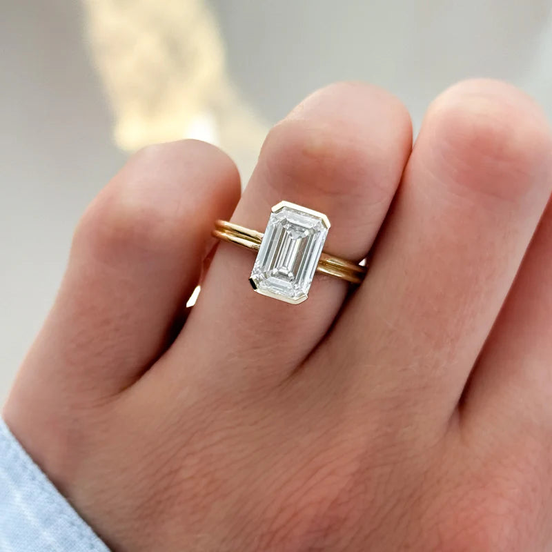 Double Row Half Bezel Solitaire Engagement Ring With Emerald Cut Diamond