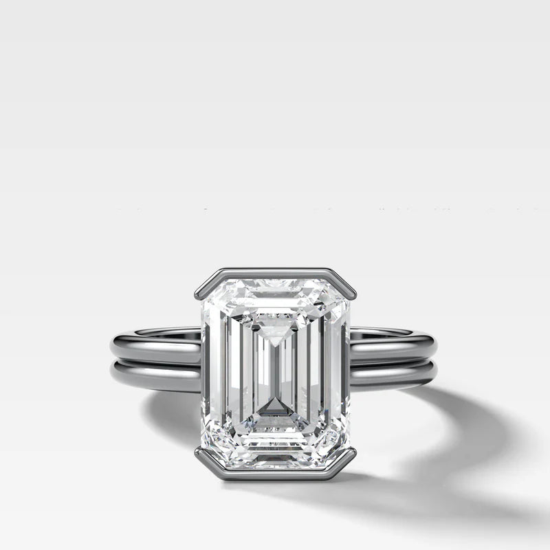 Double Row Half Bezel Solitaire Engagement Ring With Emerald Cut Diamond
