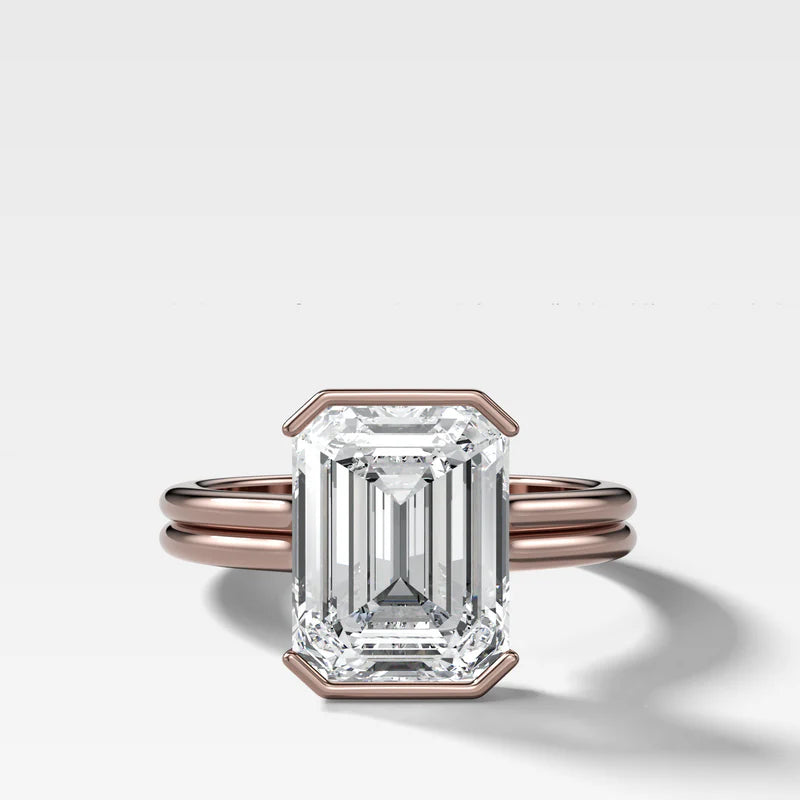 Double Row Half Bezel Solitaire Engagement Ring With Emerald Cut Diamond