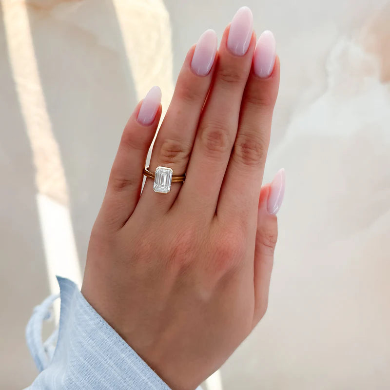Double Row Half Bezel Solitaire Engagement Ring With Emerald Cut Diamond