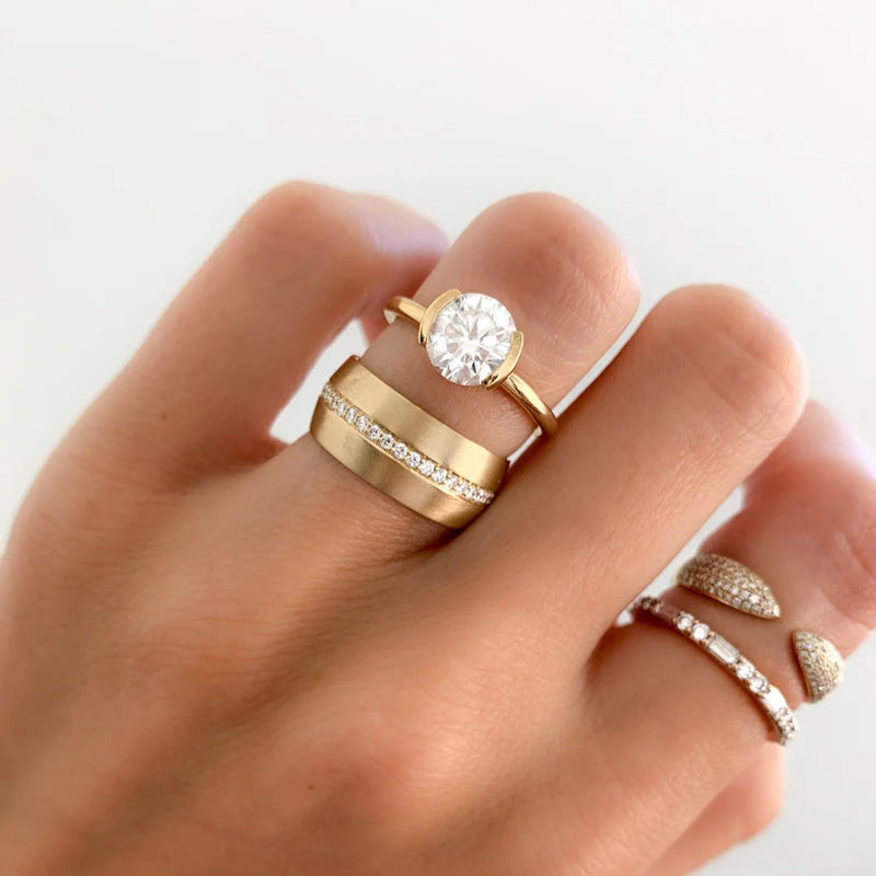 Half Bezel Solitaire Engagement Ring With Round Cut Diamond
