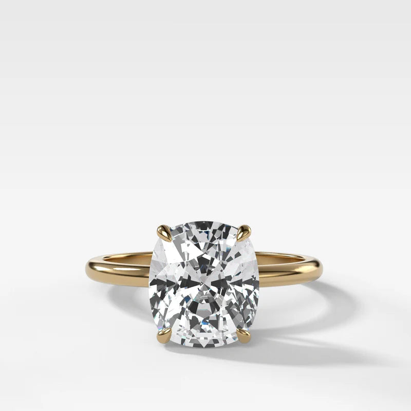 Thin + Simple Solitaire Engagement Ring With Elongated Cushion Cut Diamond