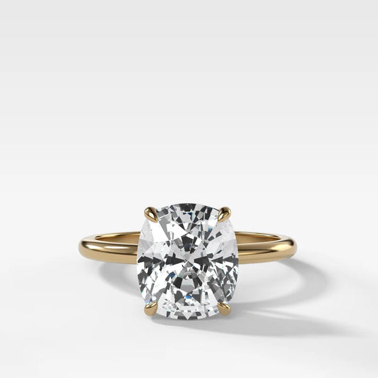 Thin + Simple Solitaire Engagement Ring With Elongated Cushion Cut Diamond