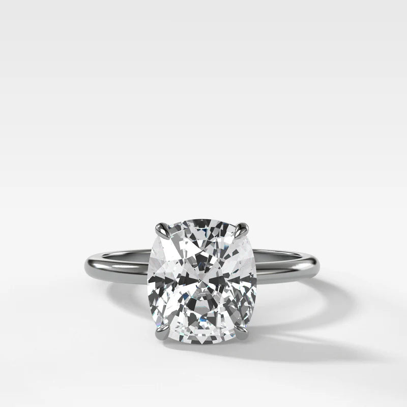 Thin + Simple Solitaire Engagement Ring With Elongated Cushion Cut Diamond