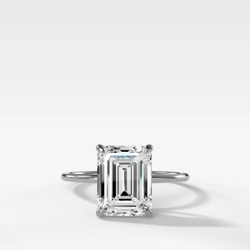 Thin + Simple Solitaire Engagement Ring With North South Emerald Cut Diamond