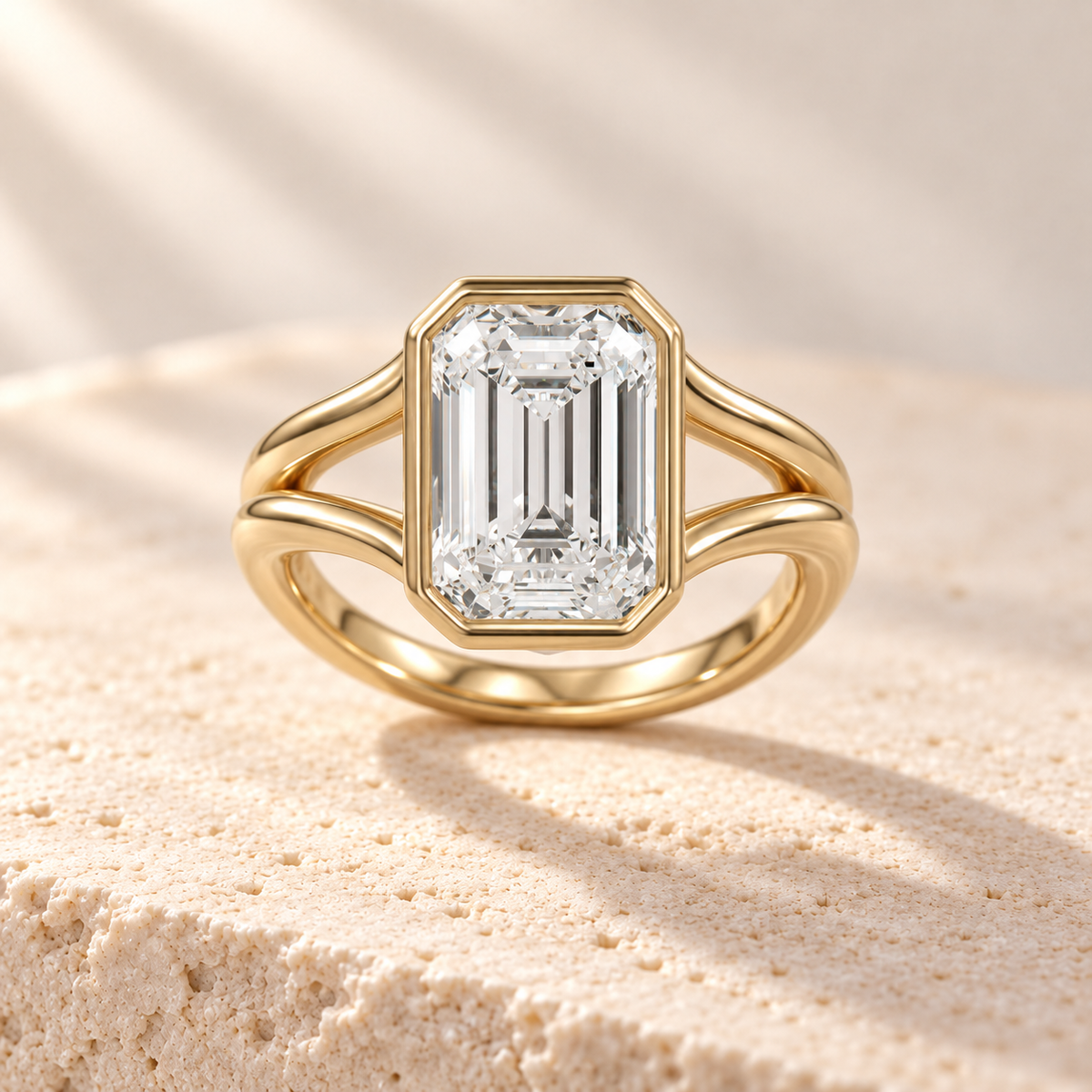 Aperture Emerald Split-Shank Ring in yellow gold, front view — AI design preview