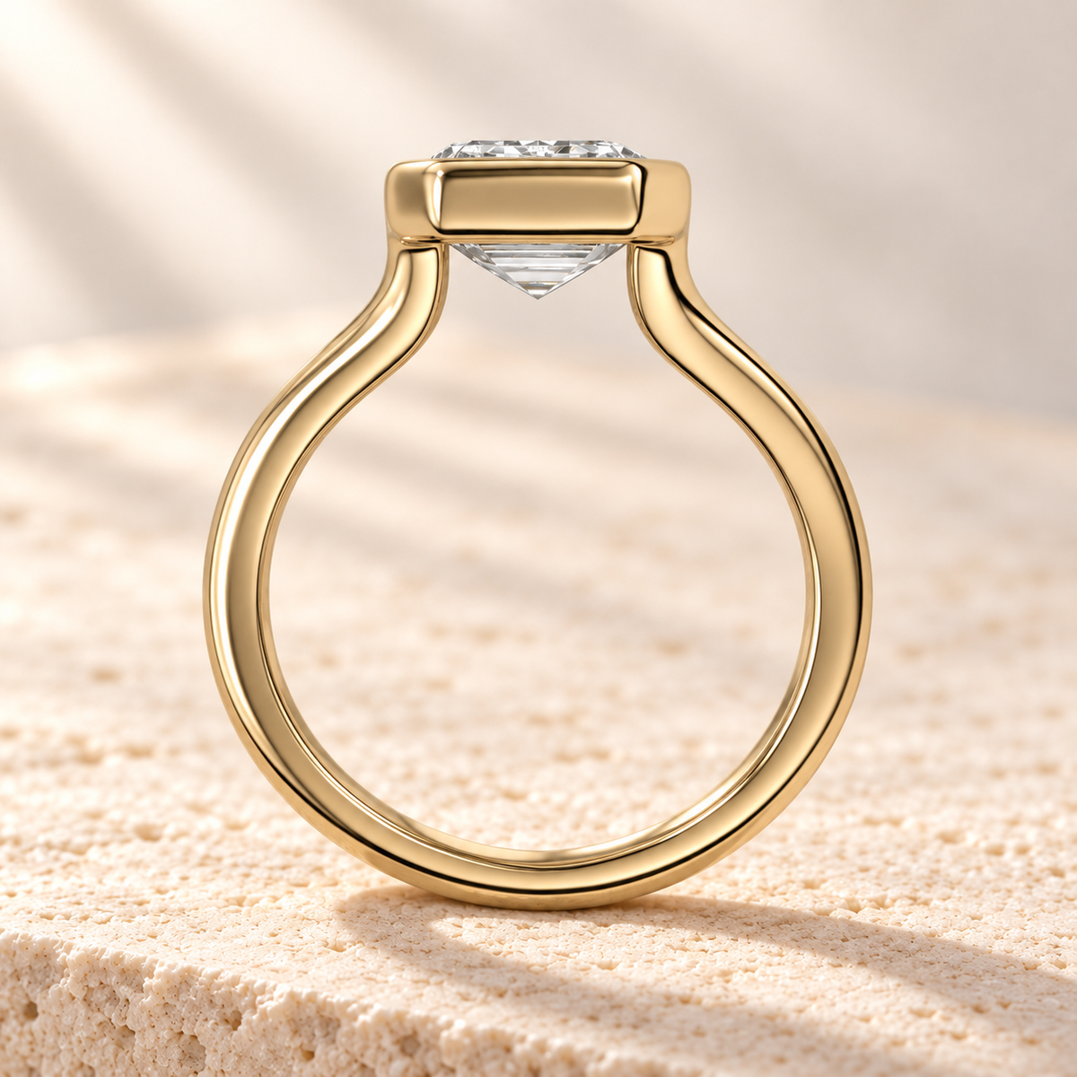 Aperture Emerald Split-Shank Ring in yellow gold, side view — AI design preview