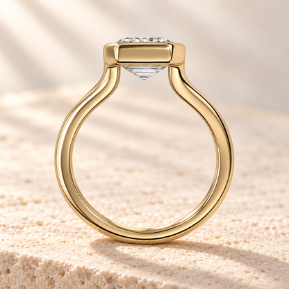 Aperture Emerald Split-Shank Ring in yellow gold, side view — AI design preview