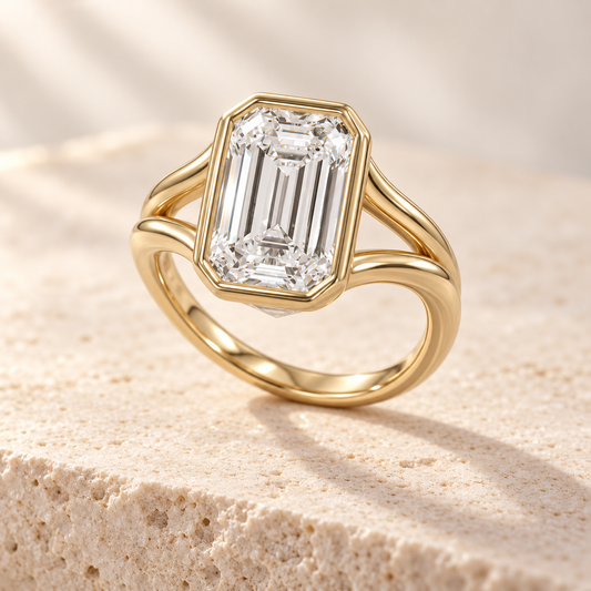 Aperture Emerald Split-Shank Ring in yellow gold, three-quarter view — AI design preview
