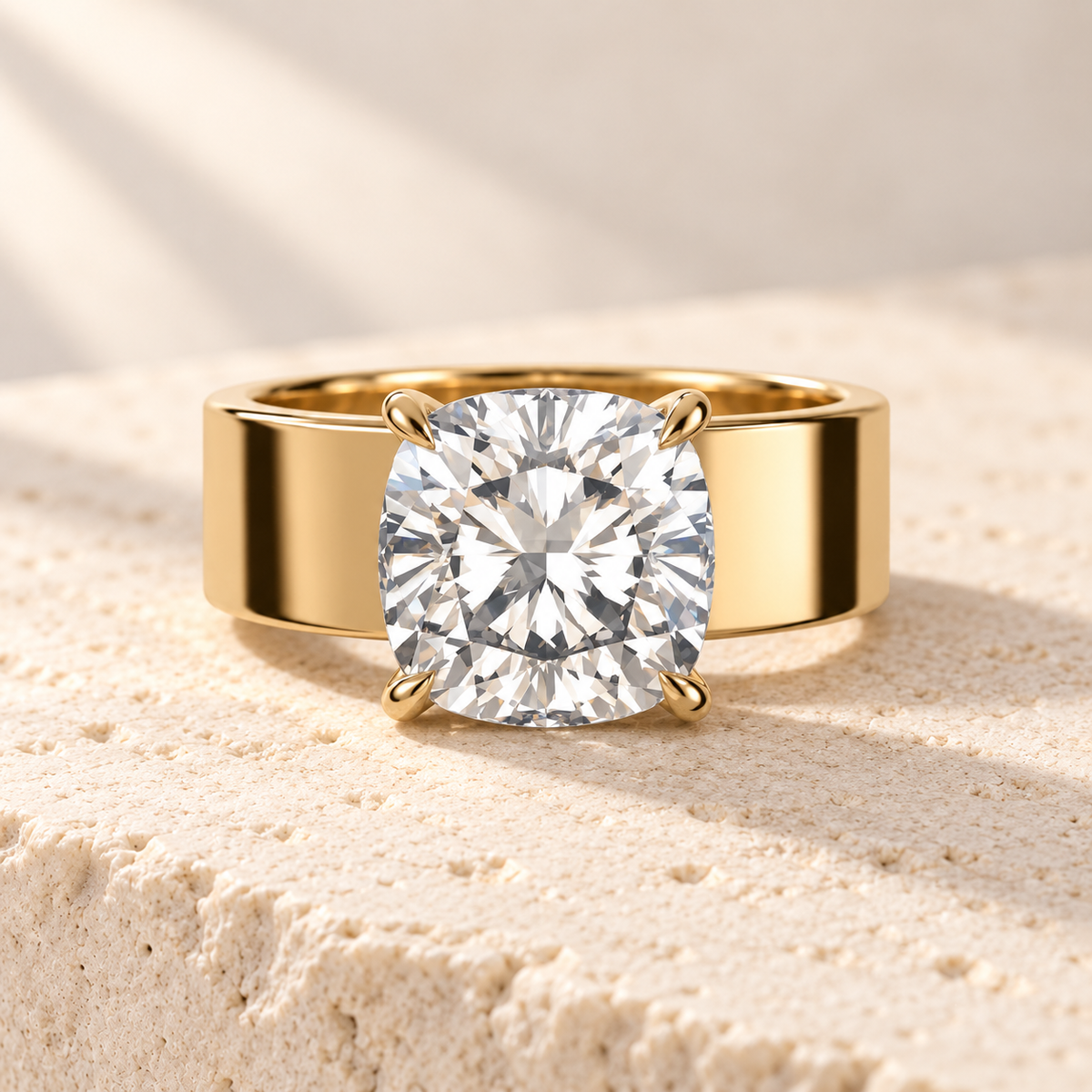 Forma Cushion Cigar-Band Ring in yellow gold, front view — AI design preview