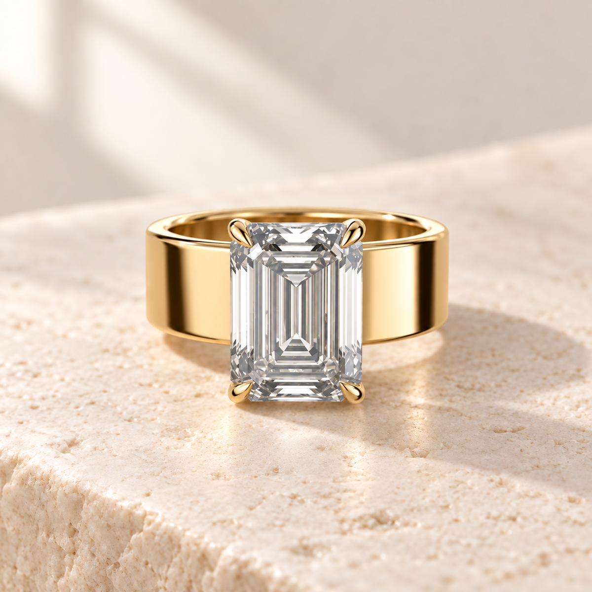 Forma Emerald Cigar-Band Ring in yellow gold, front view — AI design preview