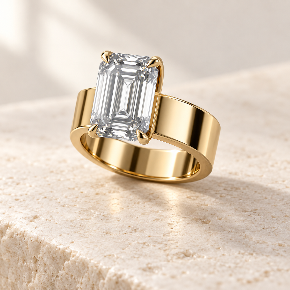 Forma Emerald Cigar-Band Ring in yellow gold, three-quarter view — AI design preview