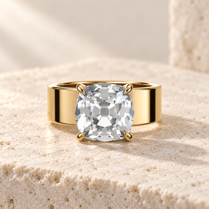 Forma Old Mine Cigar-Band Ring in yellow gold, front view — AI design preview