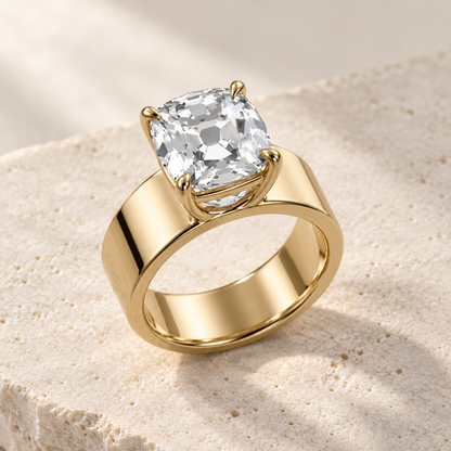 Forma Old Mine Cigar-Band Ring in yellow gold, three-quarter view — AI design preview
