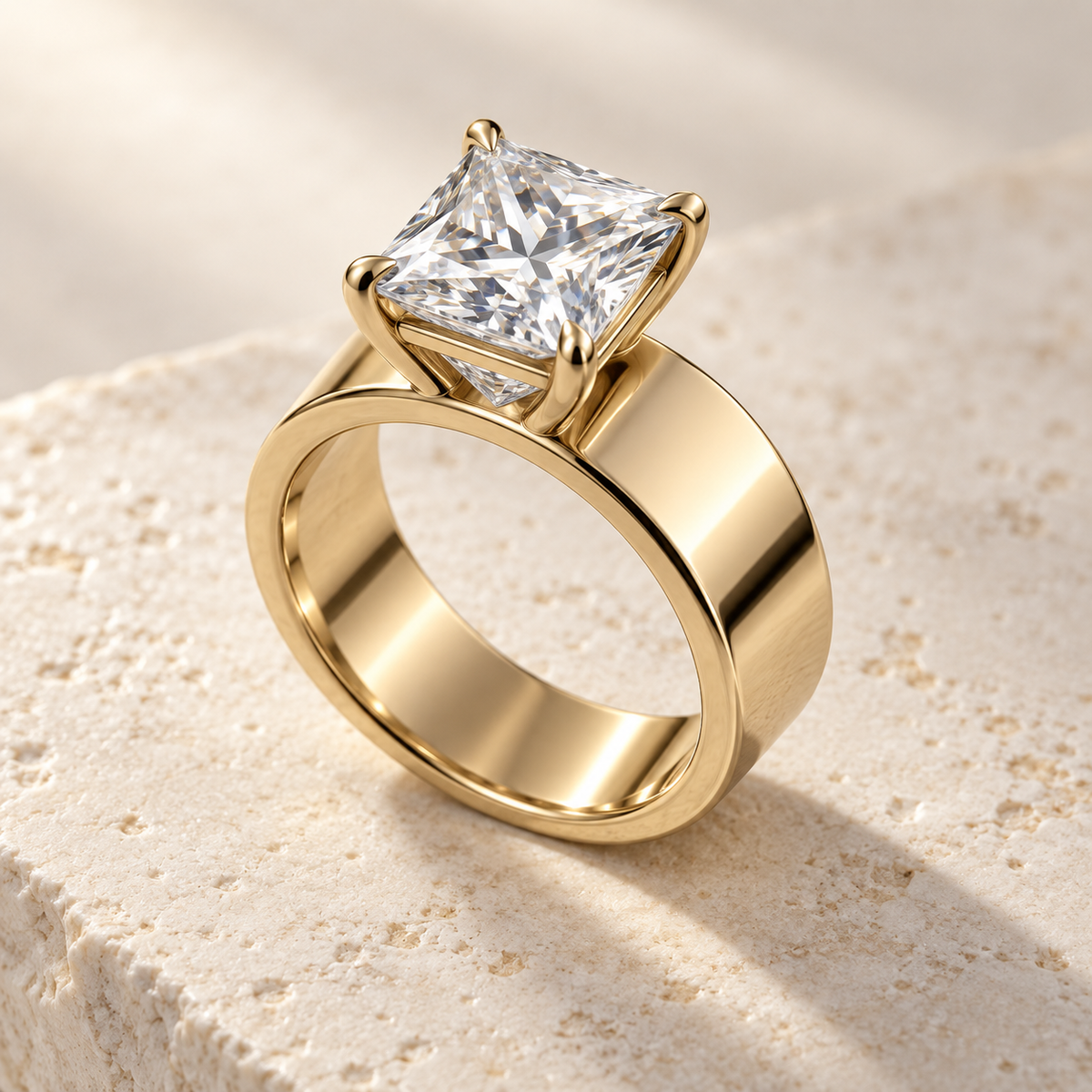 Forma Princess Cigar-Band Ring in yellow gold, three-quarter view — AI design preview