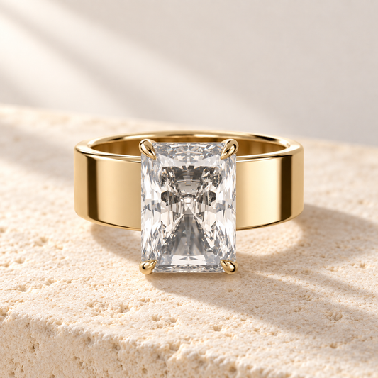 Forma Radiant Cigar-Band Ring in yellow gold, front view — AI design preview