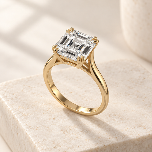 AI design preview — Altara Asscher Cathedral Solitaire Ring, three-quarter view