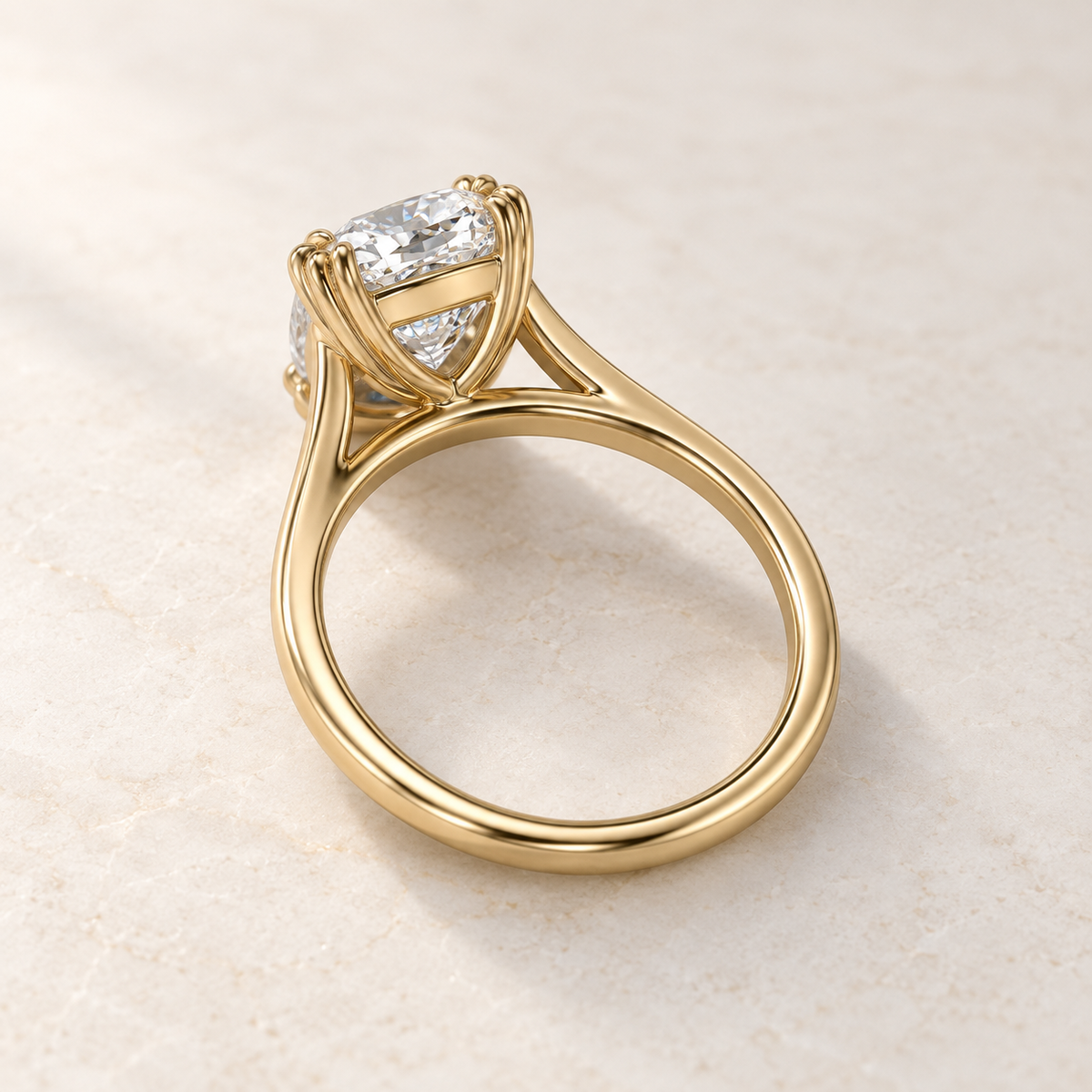 AI product preview of Altara Cushion Cathedral Solitaire Ring in yellow gold, rear three-quarter view