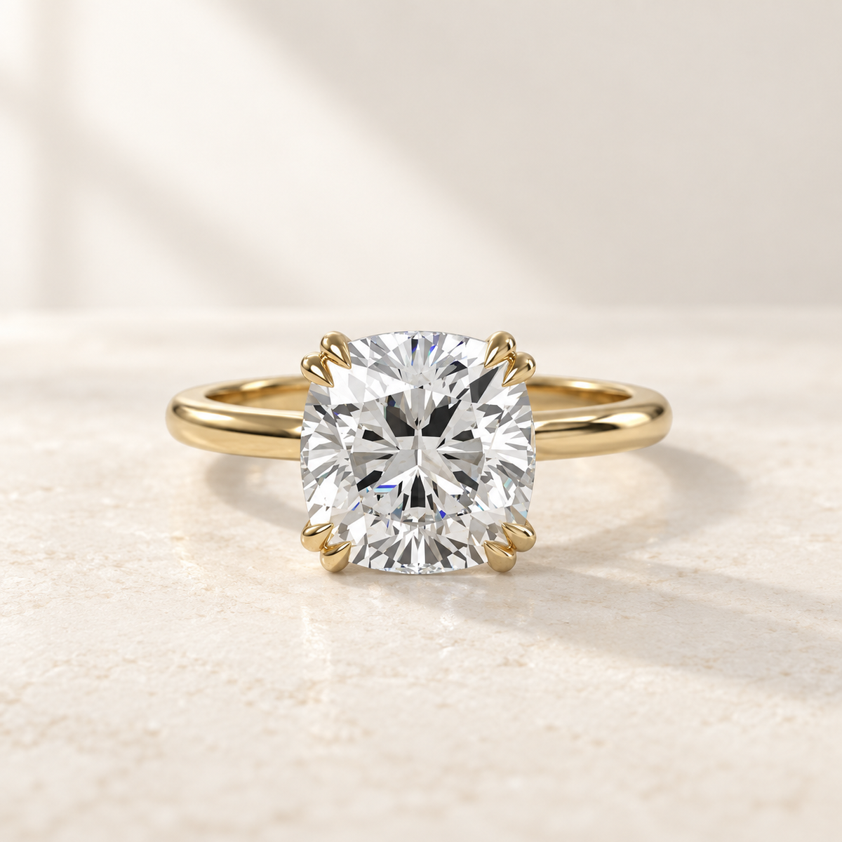 AI product preview of Altara Cushion Cathedral Solitaire Ring in yellow gold, front view