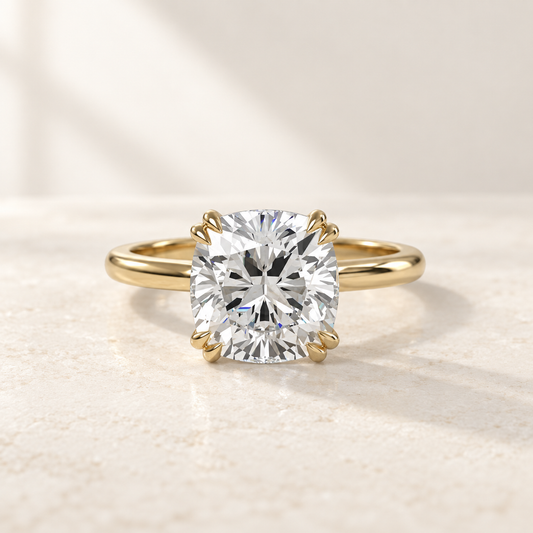 AI product preview of Altara Cushion Cathedral Solitaire Ring in yellow gold, front view