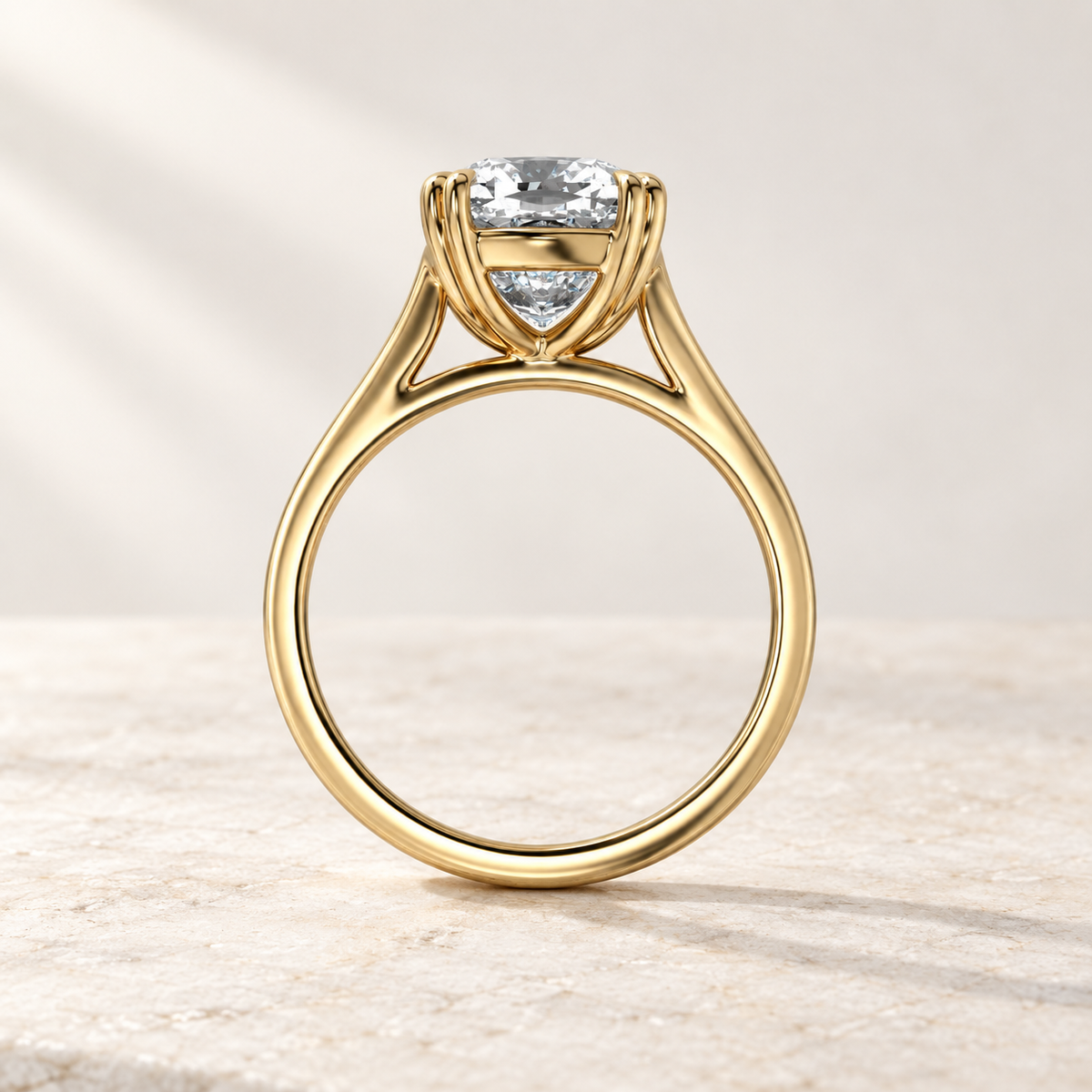 AI product preview of Altara Cushion Cathedral Solitaire Ring in yellow gold, side profile of the cathedral setting