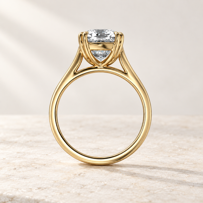 AI product preview of Altara Cushion Cathedral Solitaire Ring in yellow gold, side profile of the cathedral setting