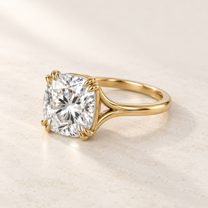 AI product preview of Altara Cushion Cathedral Solitaire Ring in yellow gold, front three-quarter view