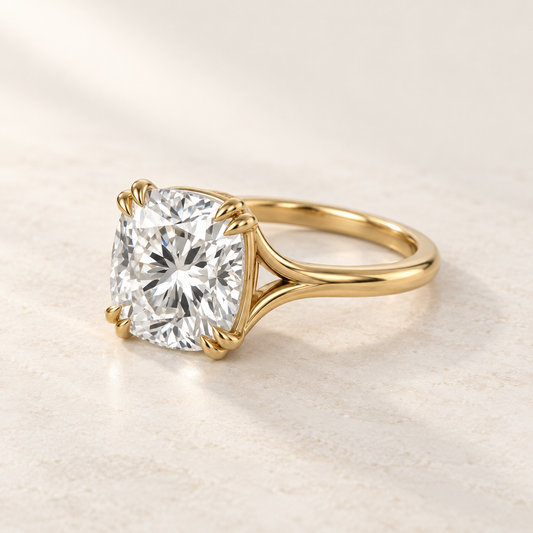 AI product preview of Altara Cushion Cathedral Solitaire Ring in yellow gold, front three-quarter view