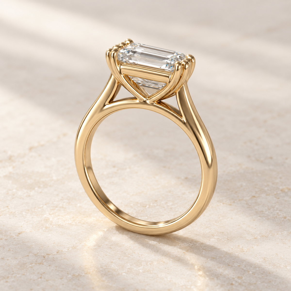 AI product preview of Altara East-West Emerald Cathedral Ring in yellow gold, elevated rear three-quarter view