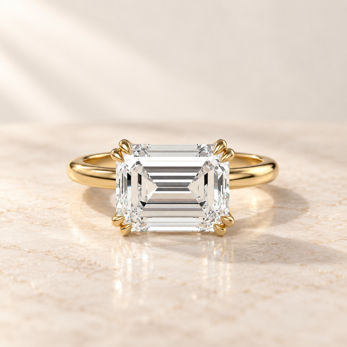 AI product preview of Altara East-West Emerald Cathedral Ring in yellow gold, front view