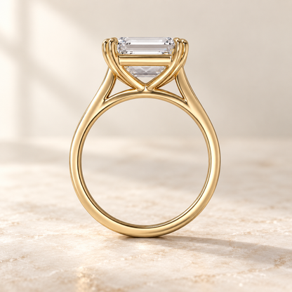 AI product preview of Altara East-West Emerald Cathedral Ring in yellow gold, side profile of the cathedral gallery